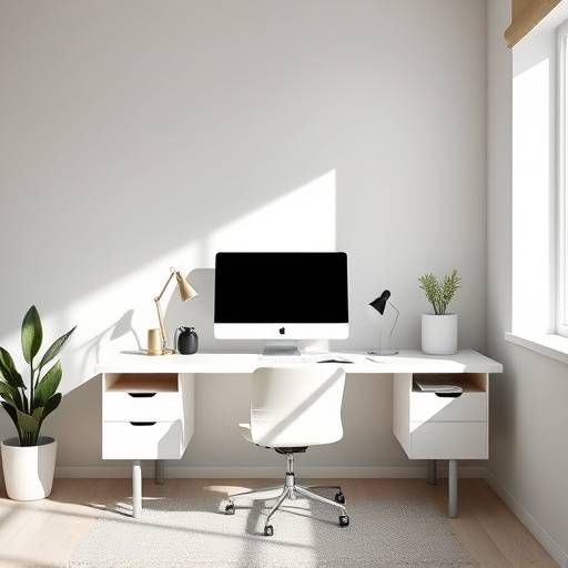 Home office minimalista com mesa de trabalho clean e iluminaäão natural
